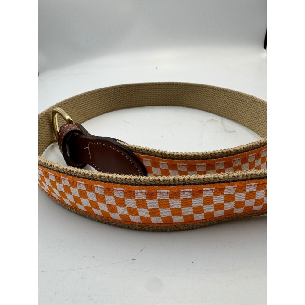 Orange White Checkered Ribbon Canvas Web Belt Leather Tabs Brass Buckle Size 34